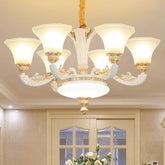 White Paneled Bell Chandelier: Simple Suspension Lamp with Frosted Glass Shade